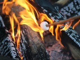 roasting a marshmellow over a blazing fire